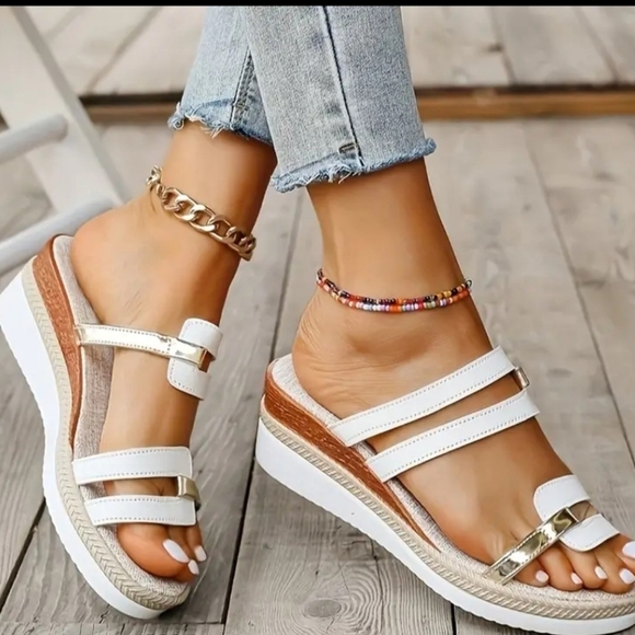 Women's White and Gold Sandals - Picture 2 of 7